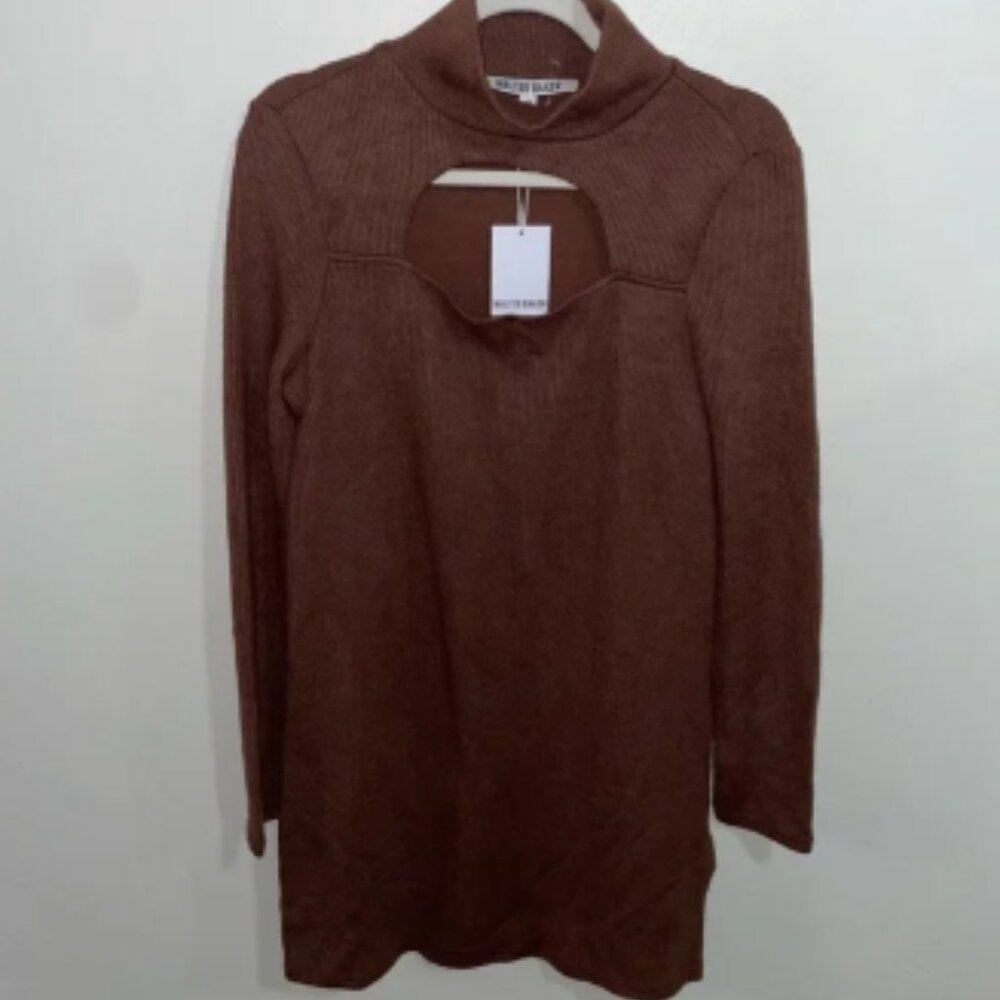 Walter Baker NWT Brown Harlow Cutout Turtle Neck Ribbed Knit Sweater Dress Sz M
